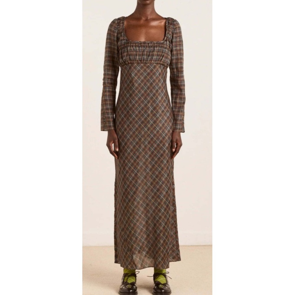 Damson Madder Marissa Sheer Midi Dress Multi Check Plaid Lyocell NWT 14